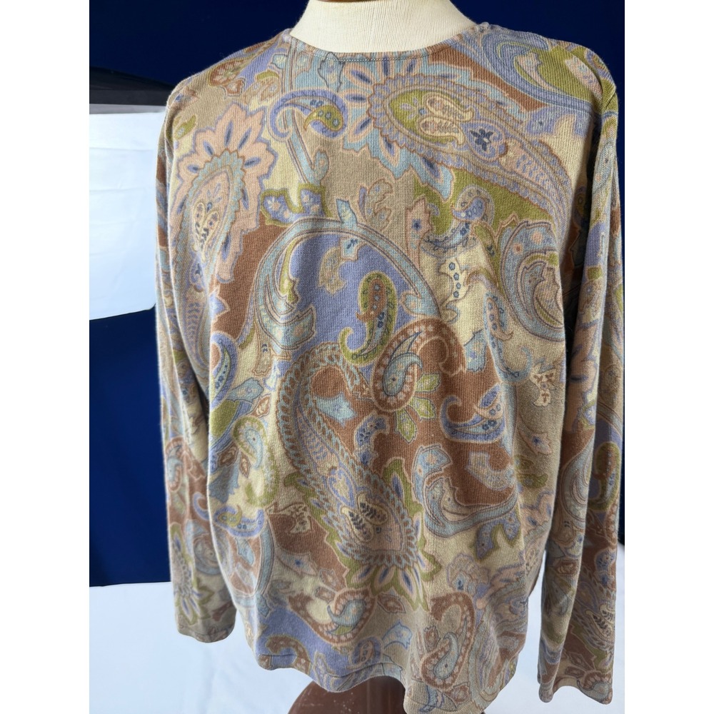 Lauren Ralph Lauren Silk Cashmere Paisley Sweater 2X Tan Blue Long Sleeve Knit